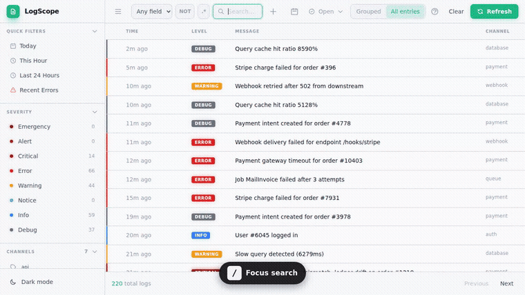 LogScope demo: structured search, NOT filter, keyboard triage, dark mode
