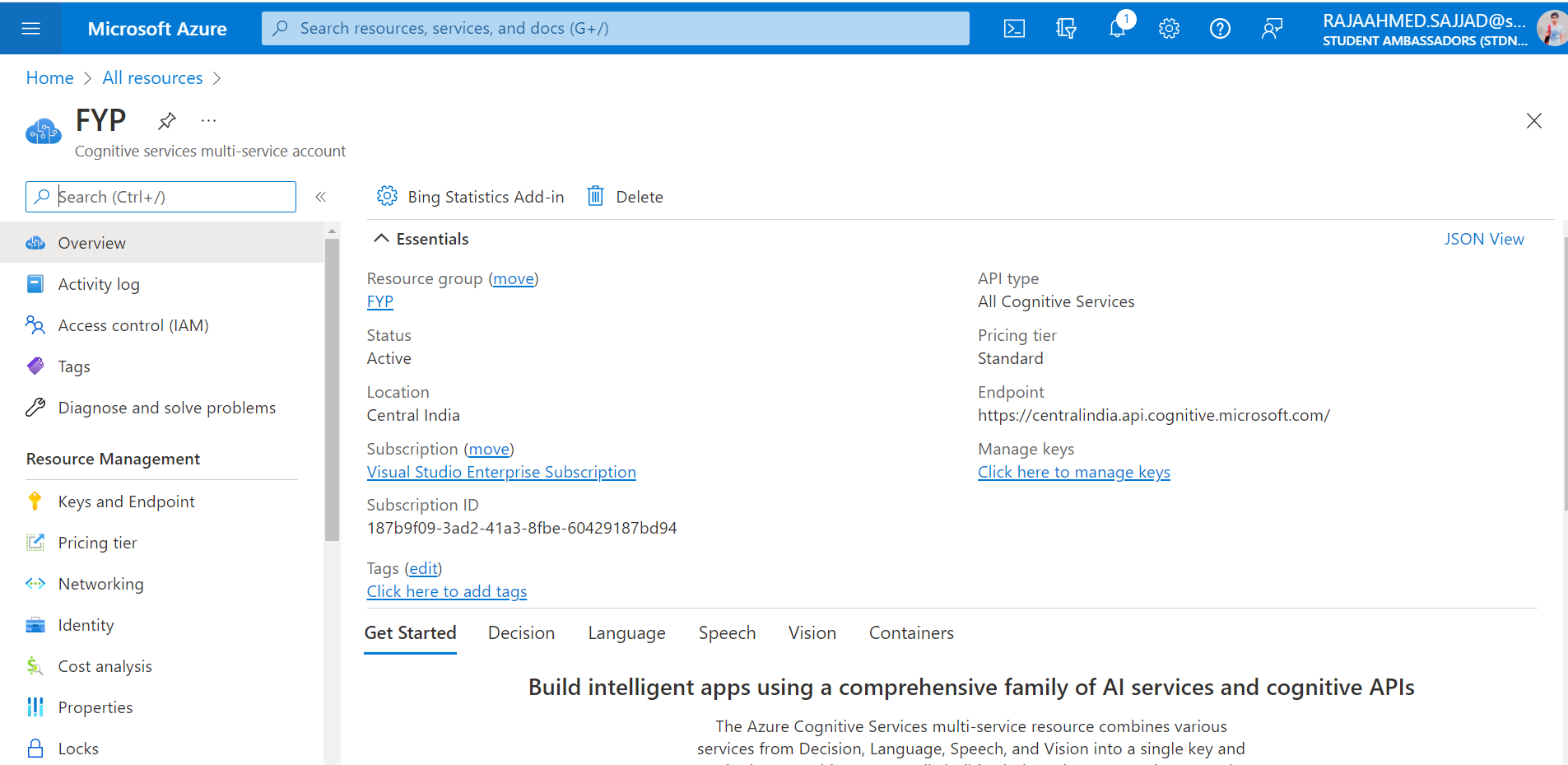 Azure Cognitive Services Portal!