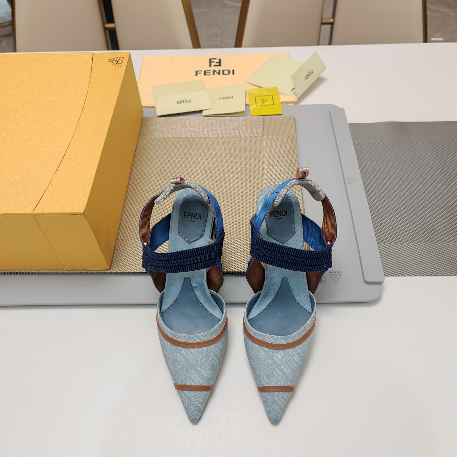 Fendi Electroplated Mid-Heel Denim Sandals