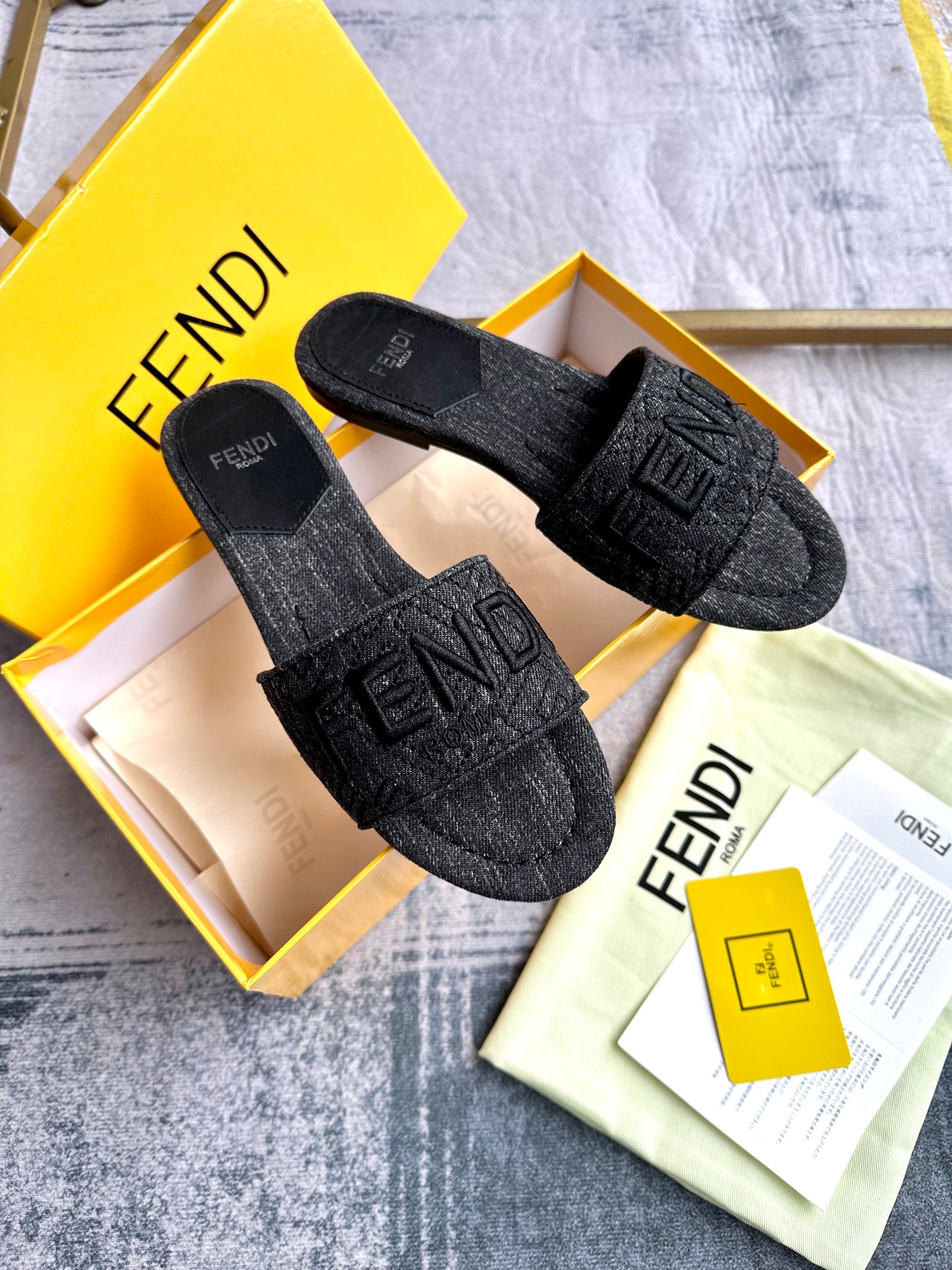 Fendi Wide Strap Denim Flat Slides