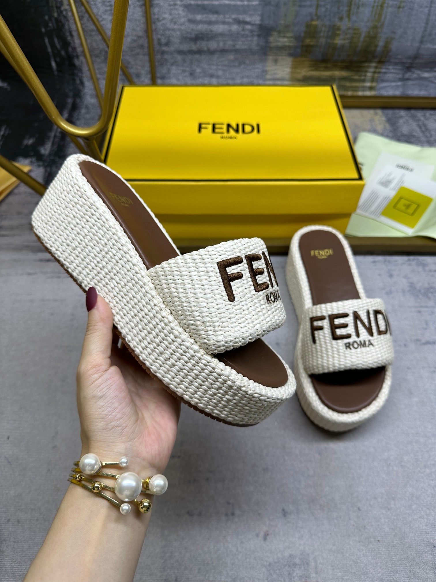 Fendi Embroidered Straw Slides