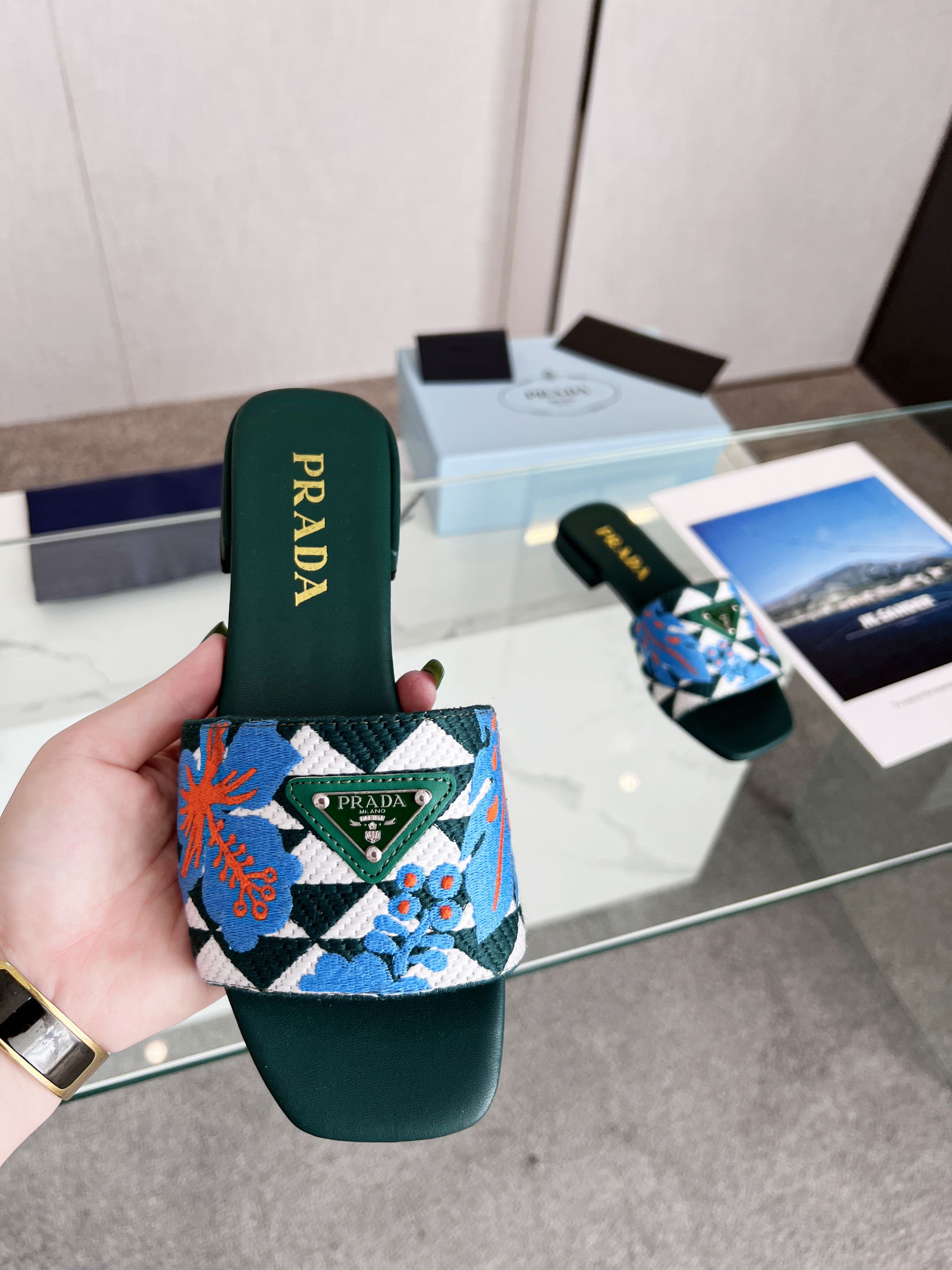 Prada Triangle Embroidered Pumps