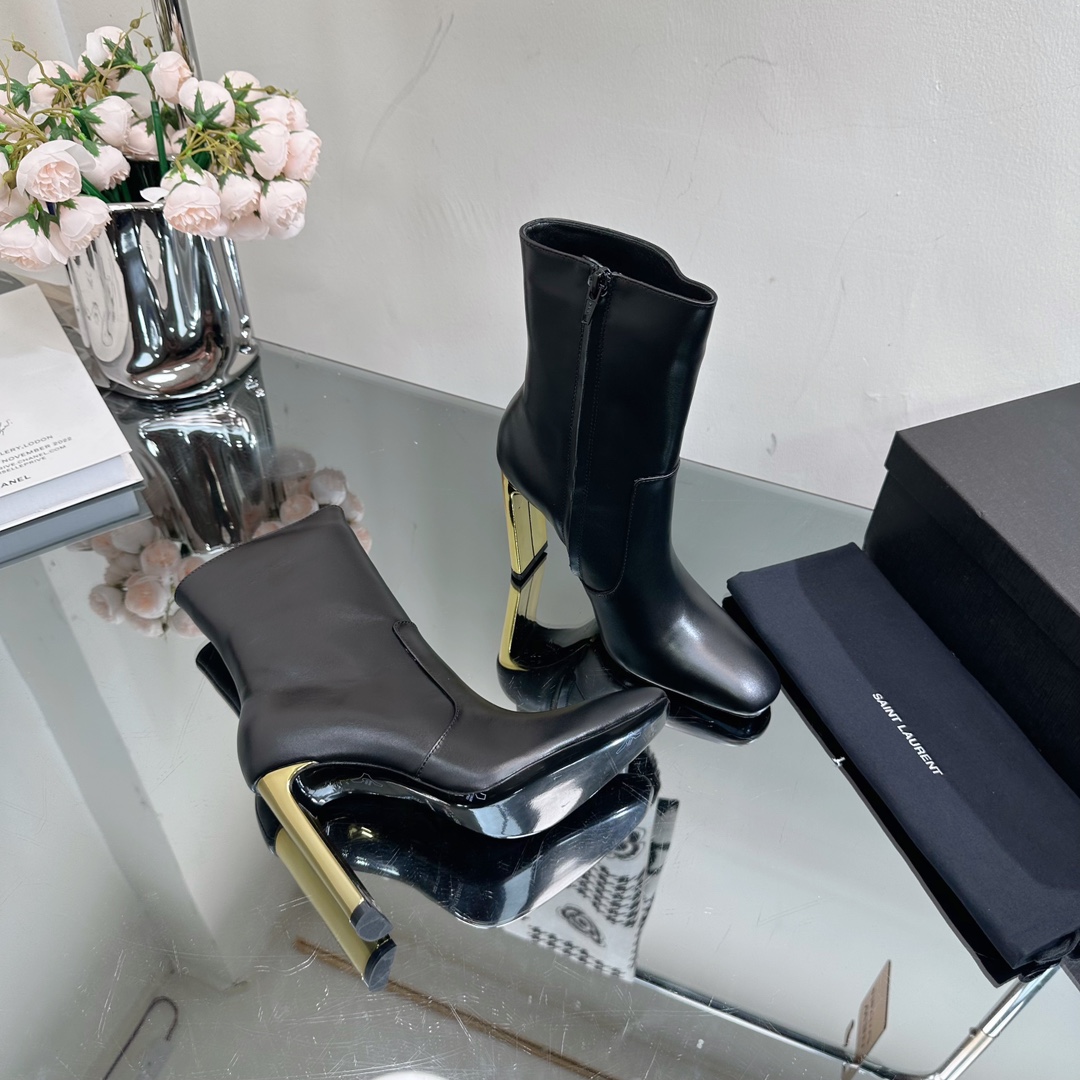 YSL 10cm Metallic Block-Heel Combat Boots