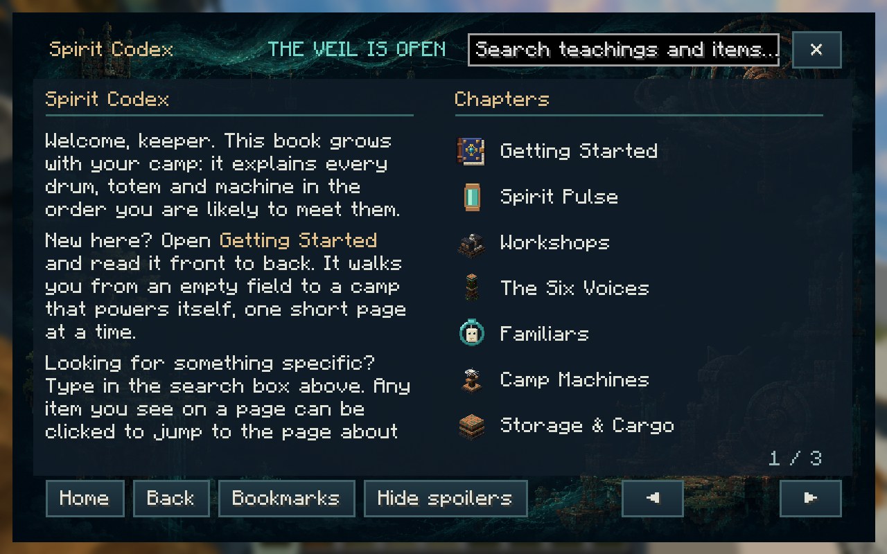 The Spirit Codex opens on its chapters, from Getting Started to the March