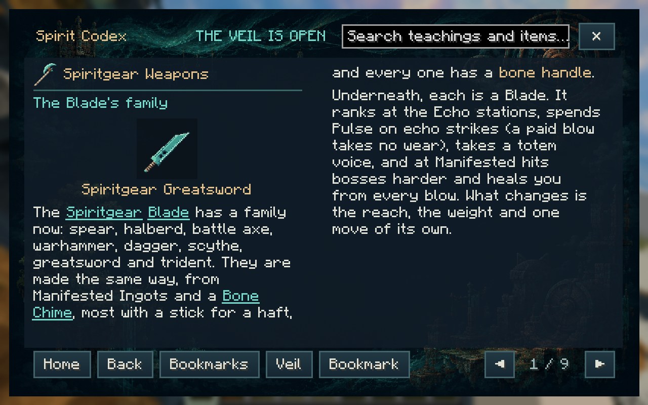 The Spiritgear Weapons page: the Blade and its family, with every number the game uses