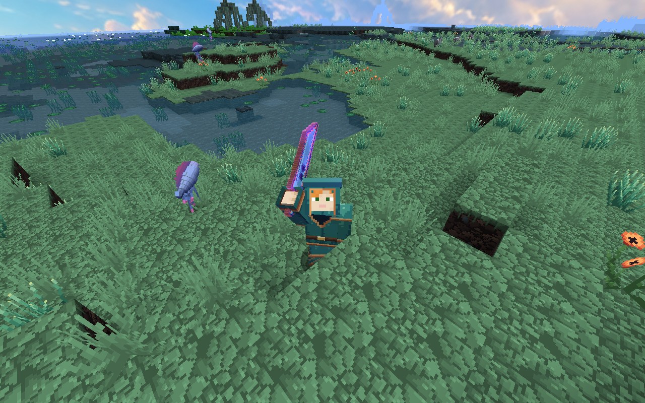 A Manifested greatsword in Spiritweave, mid-swing