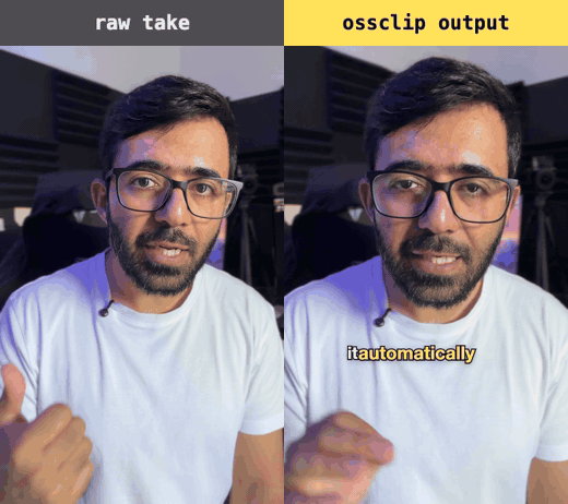 Left: the raw take. Right: the same take after ossclip produce — cut down, reframed on the measured face, word-timed captions