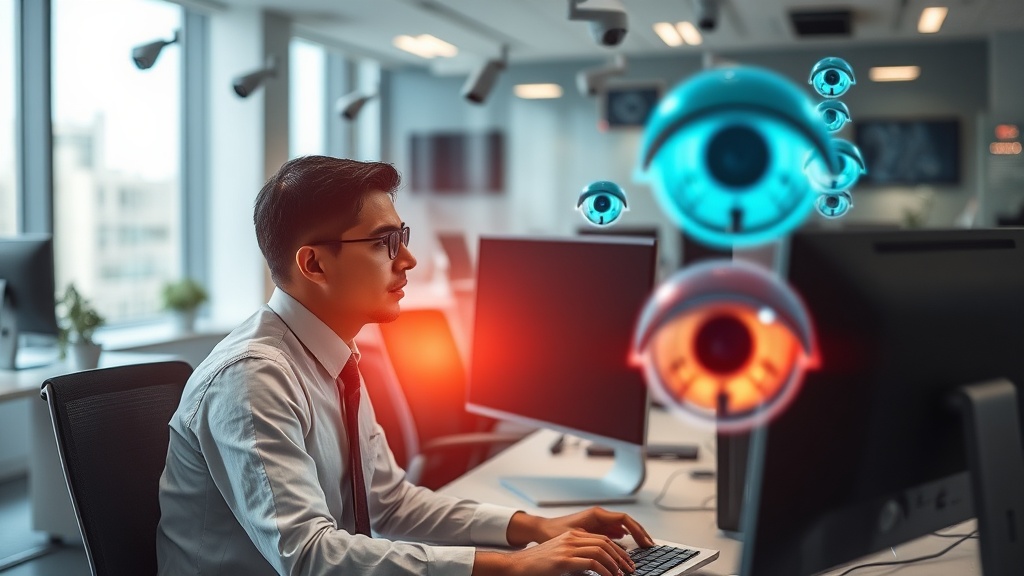 Why Privacy Matters in 2026: Complete Guide to Digital Privacy Protection and Credit Privacy 35 Office worker being watched by surveillance cameras and monitoring software