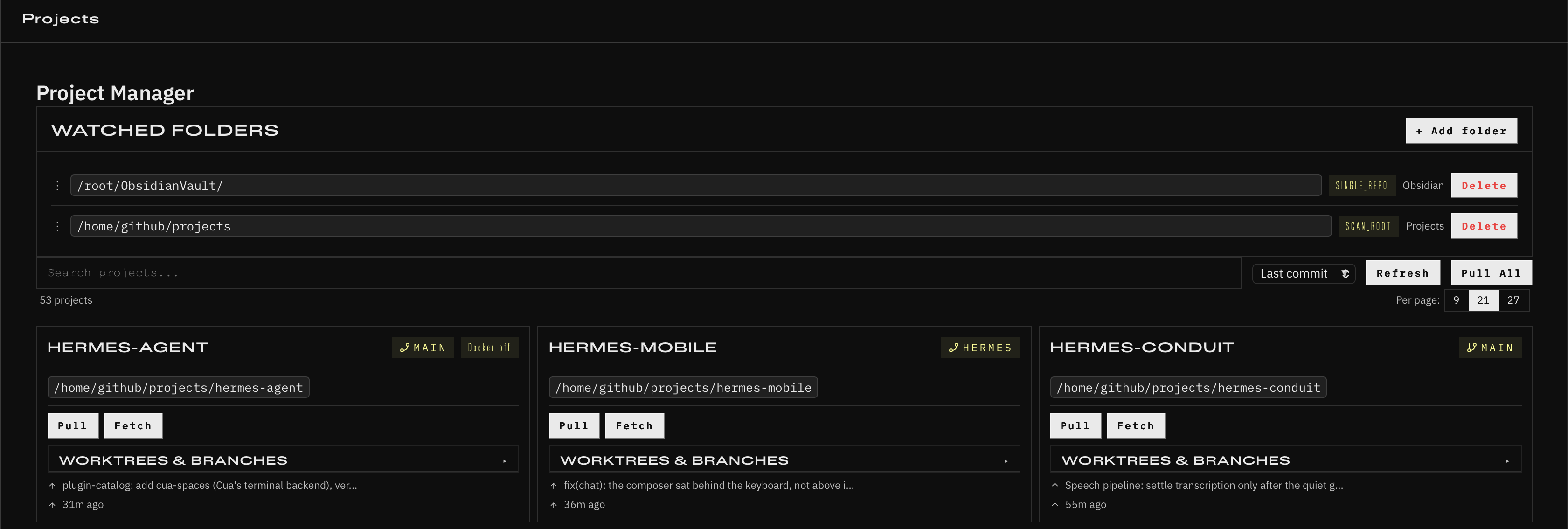 Project Manager dashboard — watched folders and the project list