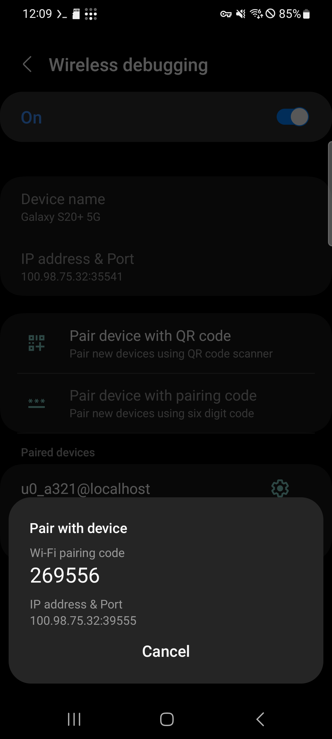 Pairing code dialog