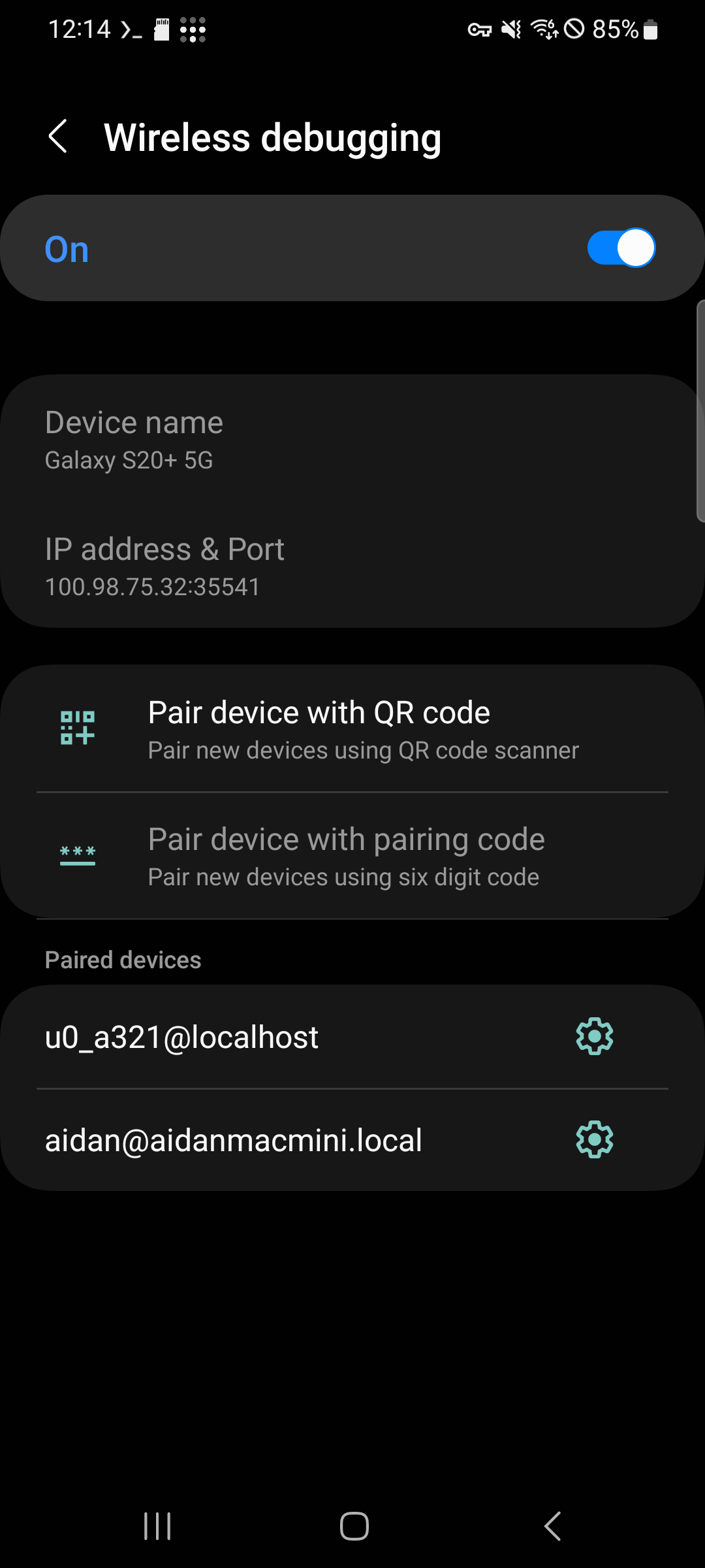 Wireless debugging paired