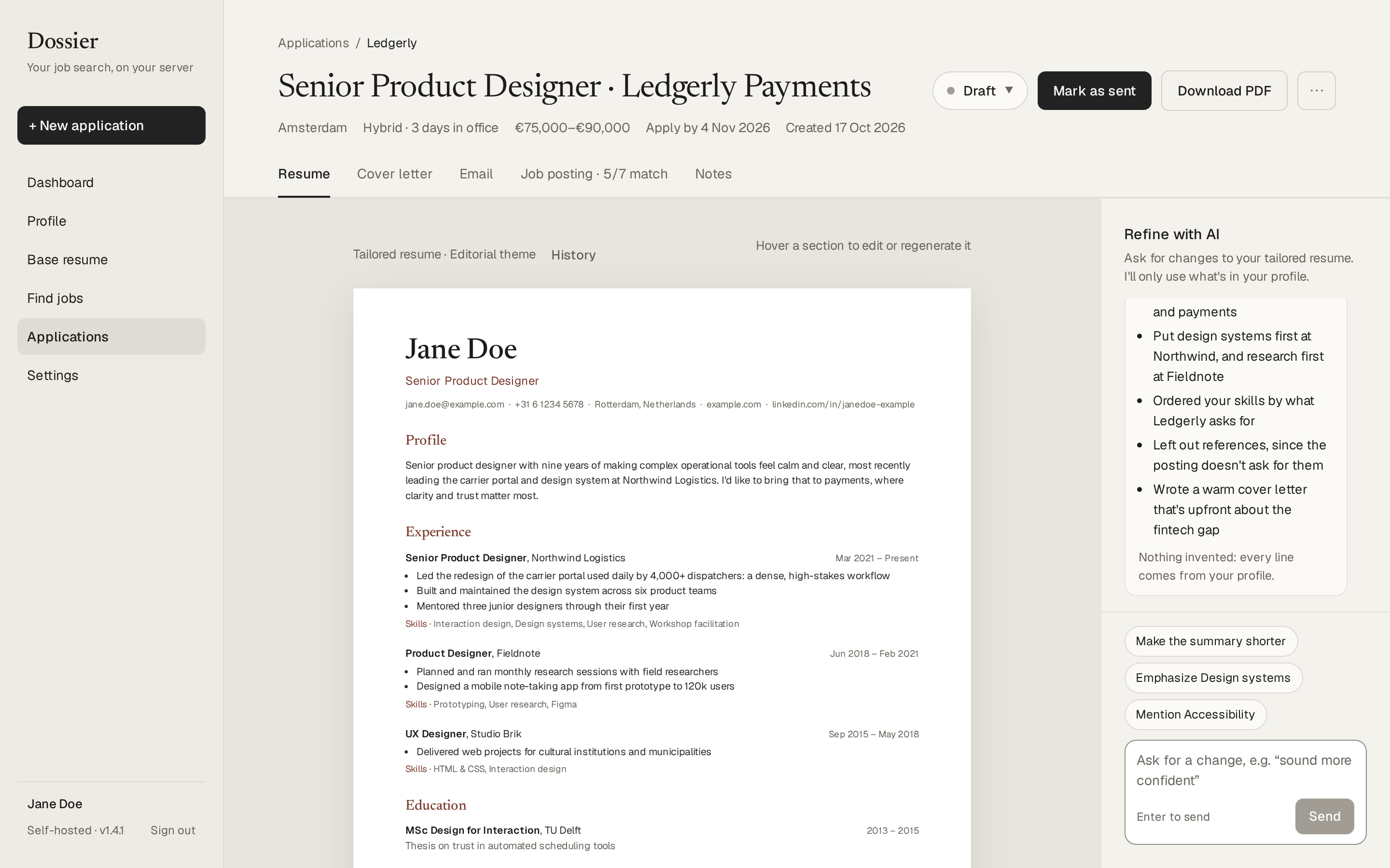 An application with its tailored resume and the chat that refines it