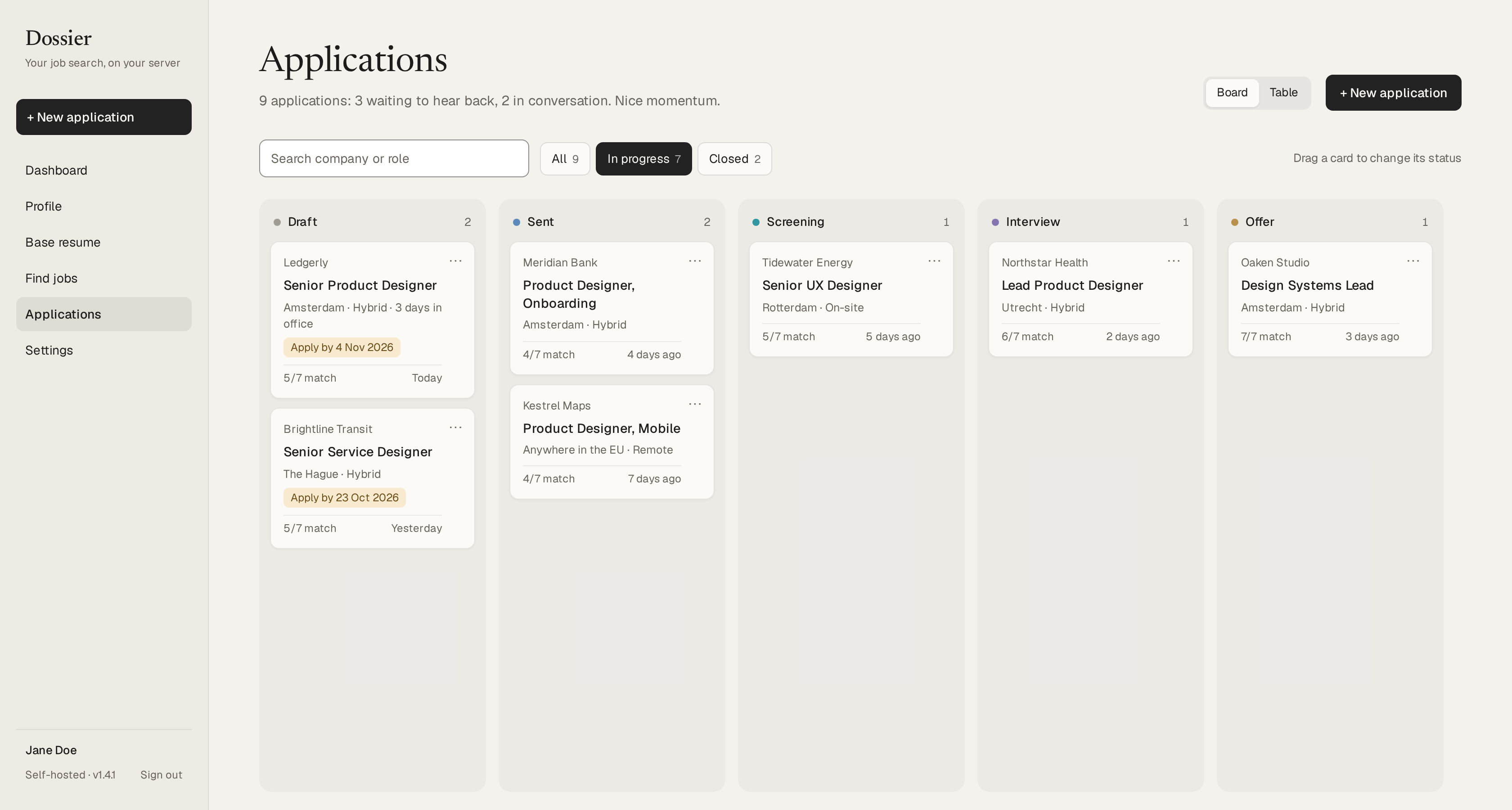 The applications board, with columns from draft to offer