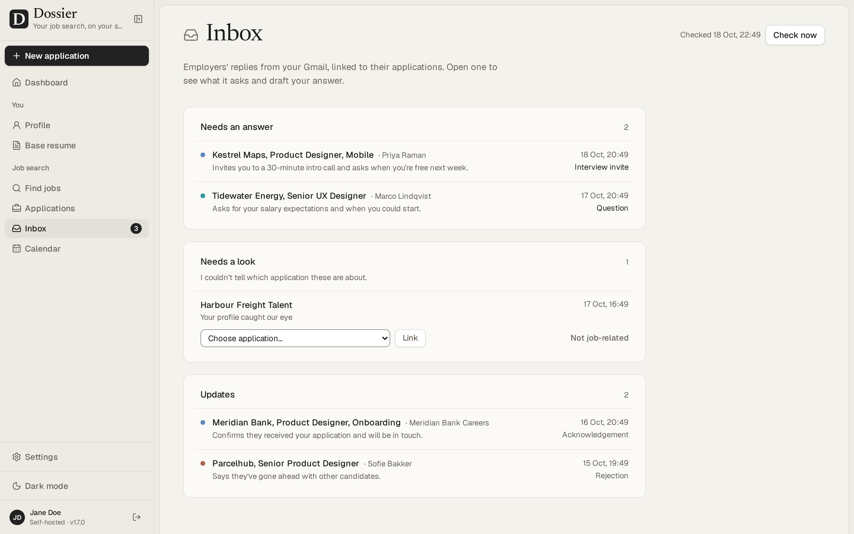 The inbox: employers' replies from Gmail, what each one asks, and mail to link to an application