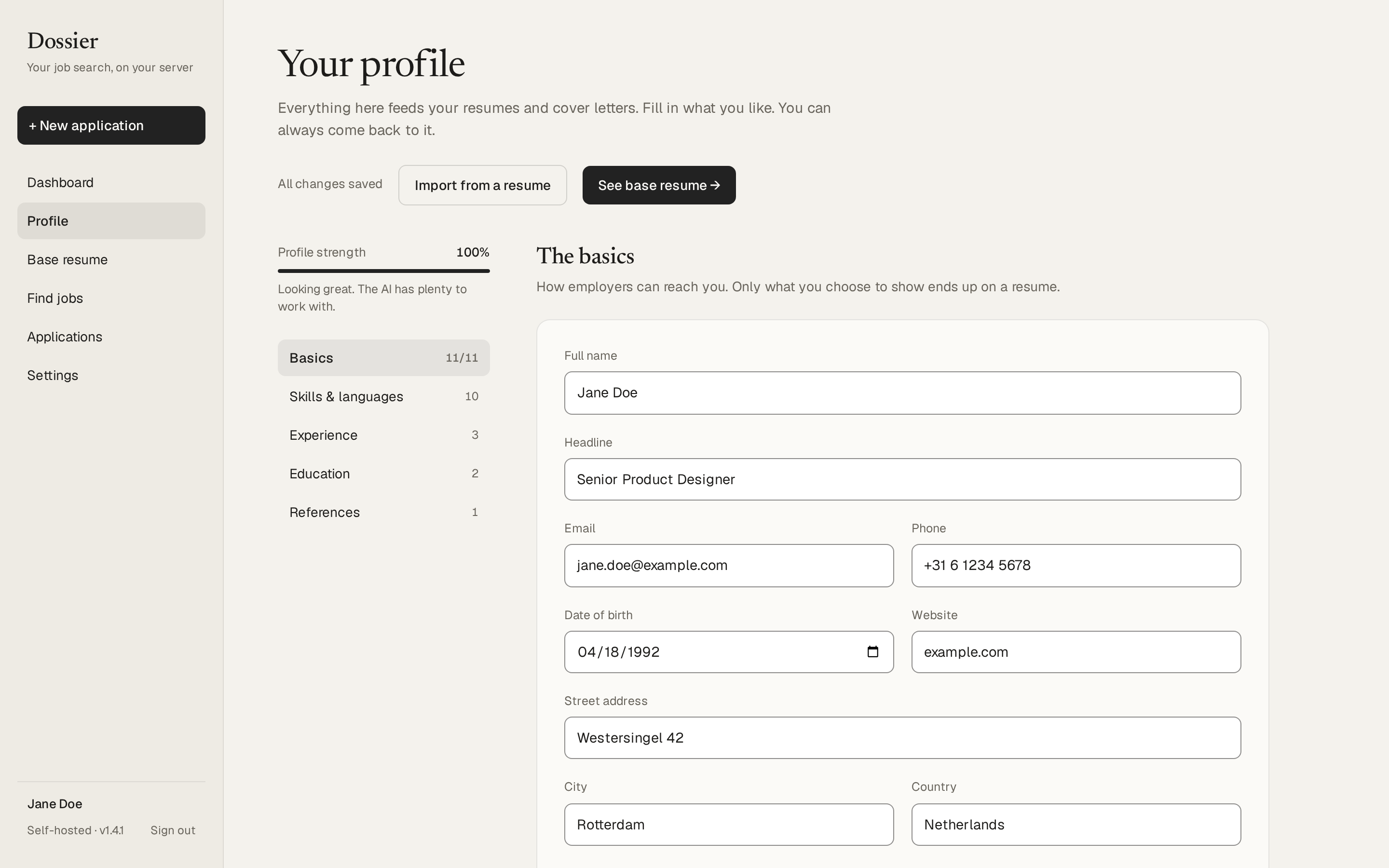 The profile editor, with its sections and strength meter