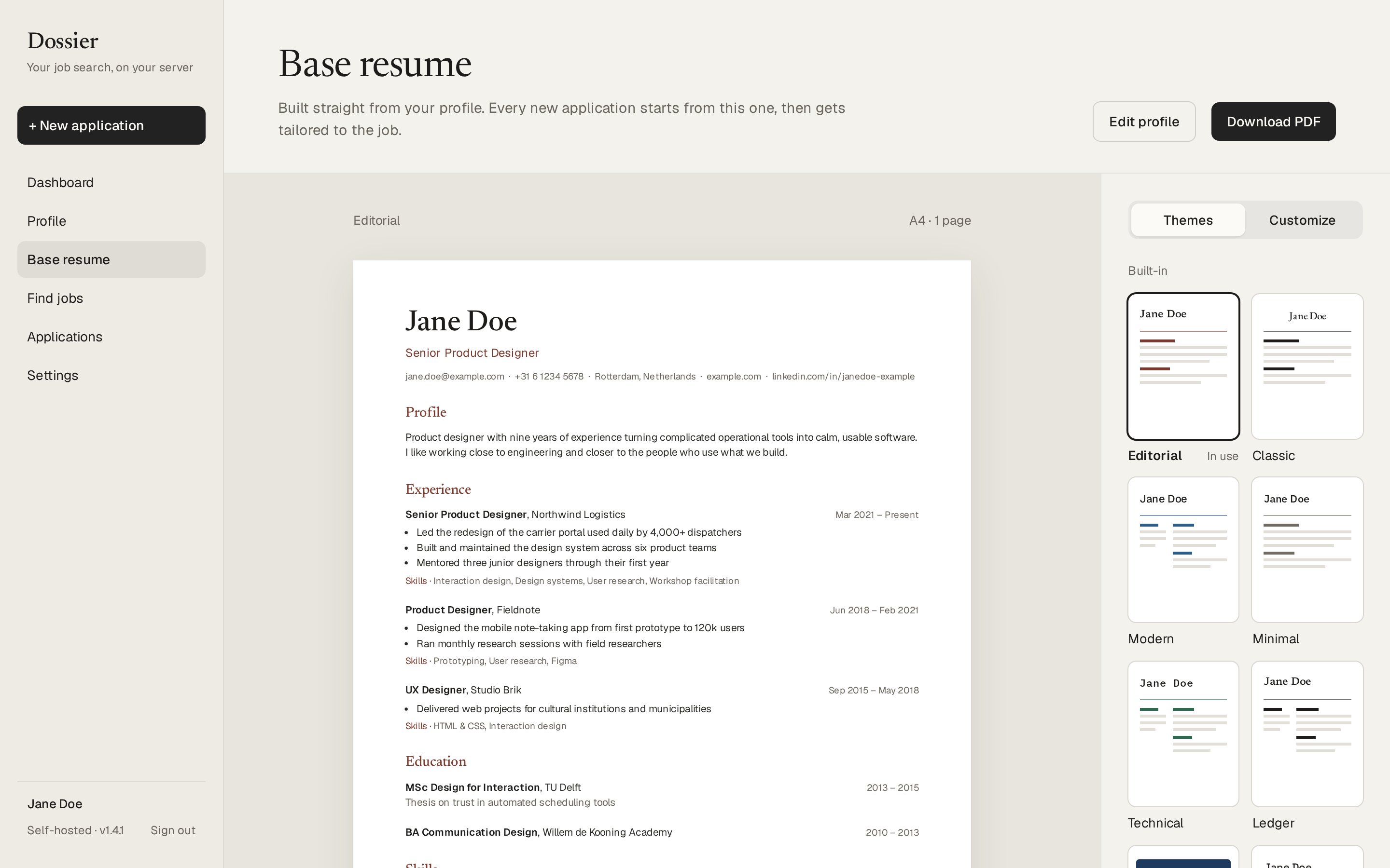The base resume next to its themes