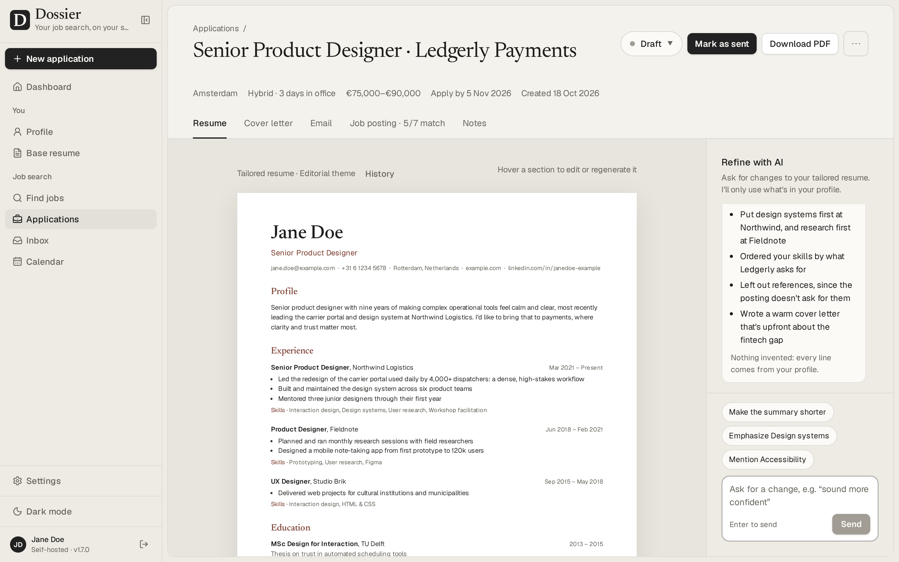 An application with its tailored resume and the chat that refines it