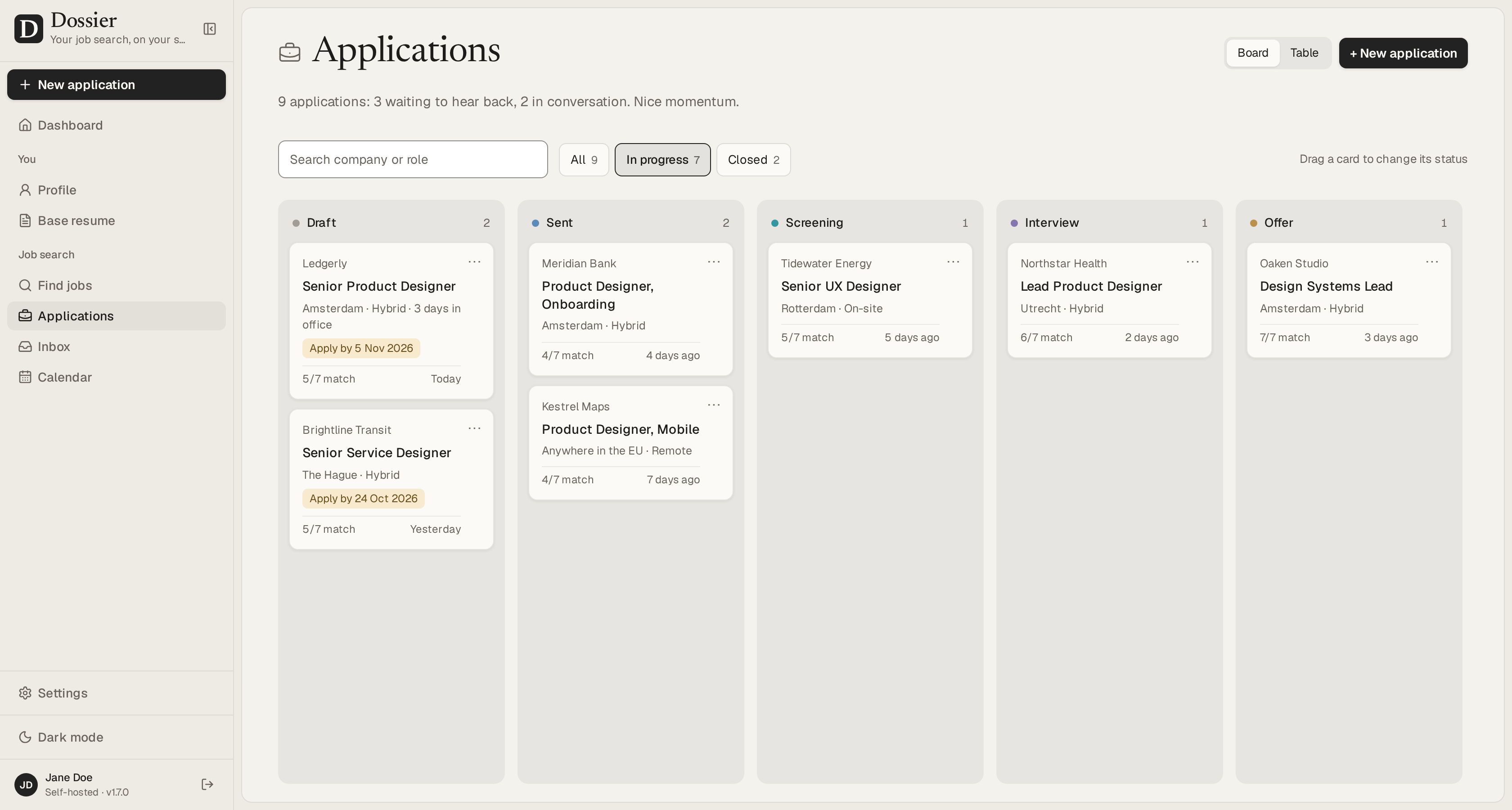 The applications board, with columns from draft to offer