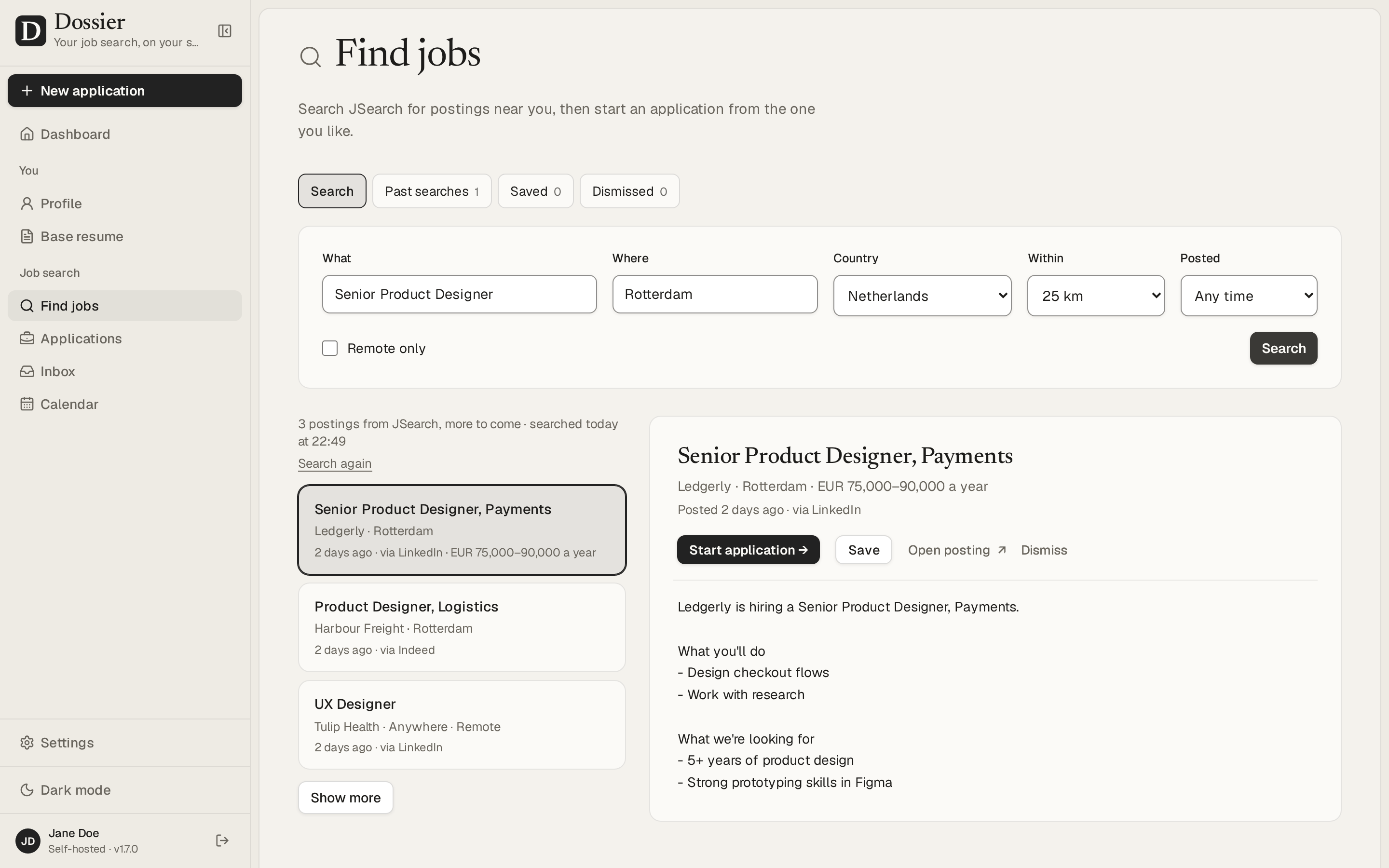 Find jobs: postings near the profile's city, with one open
