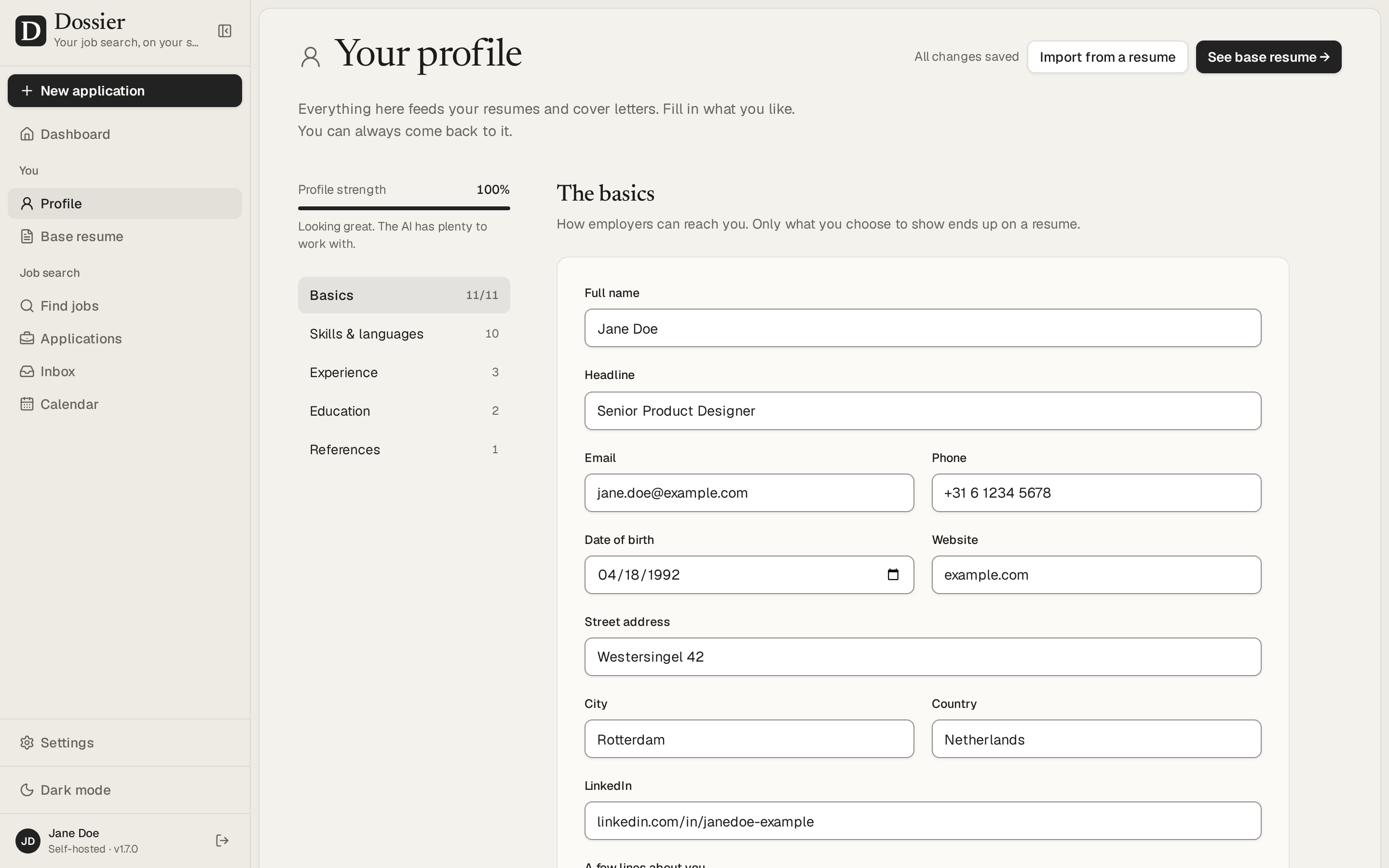 The profile editor, with its sections and strength meter