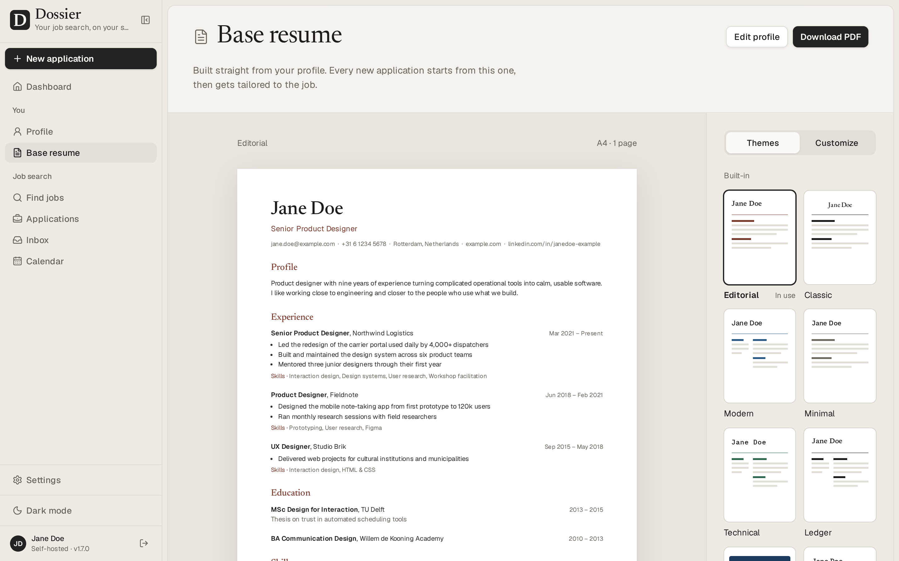 The base resume next to its themes
