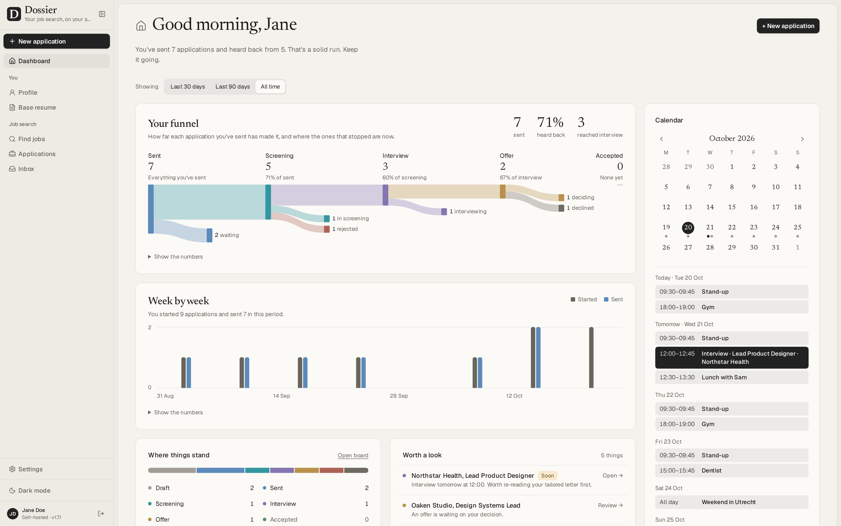 The dashboard on a wide window, with the calendar beside the cards: the month, and the week ahead with an interview among the Google Calendar's events