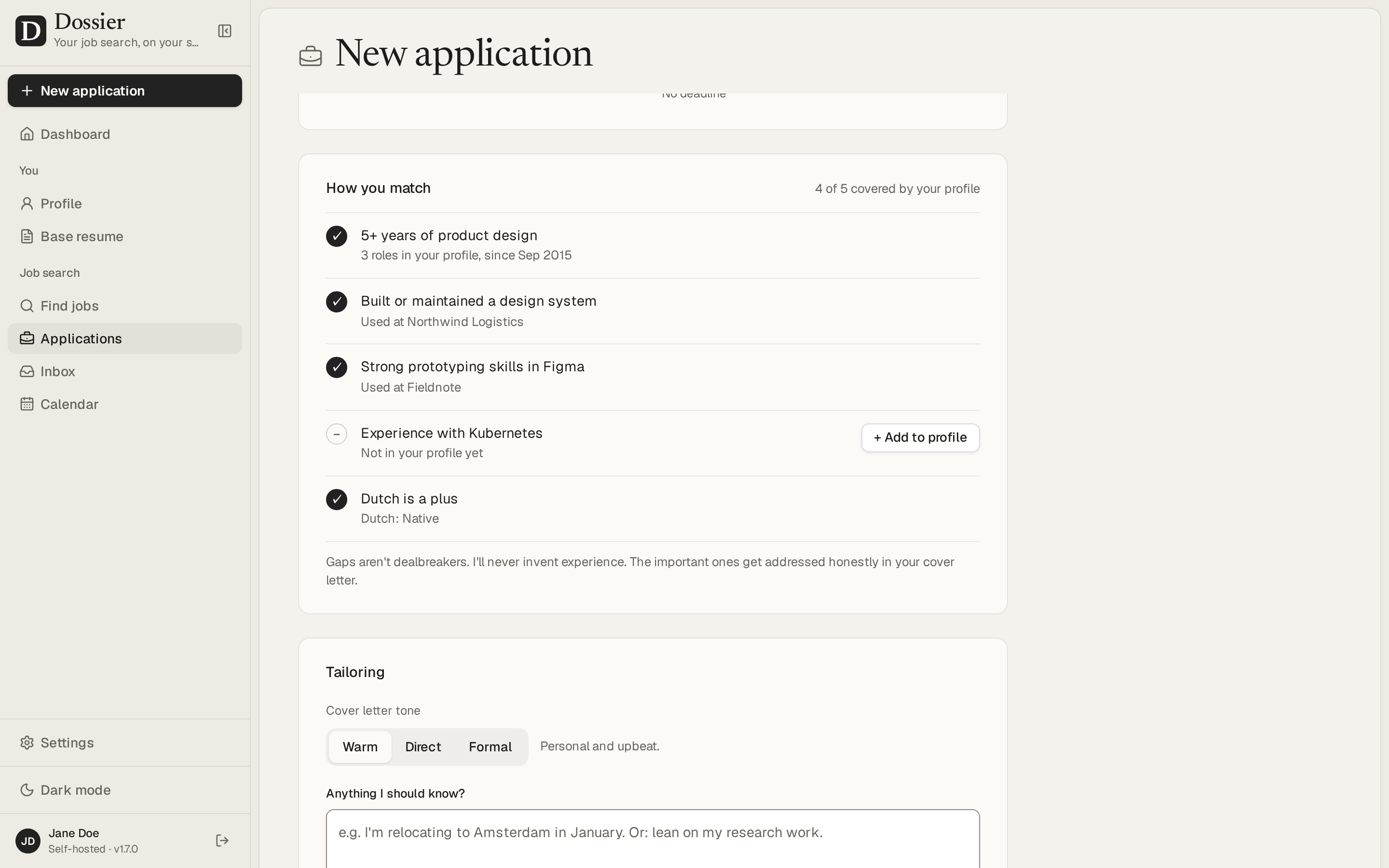 A new application, showing how the profile matches the posting's requirements