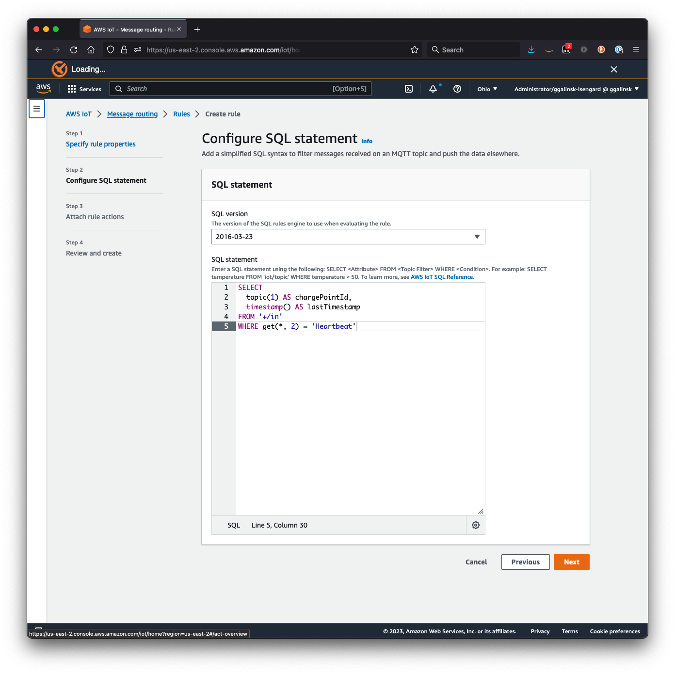 Screenshot: IoT Rule SQL statement