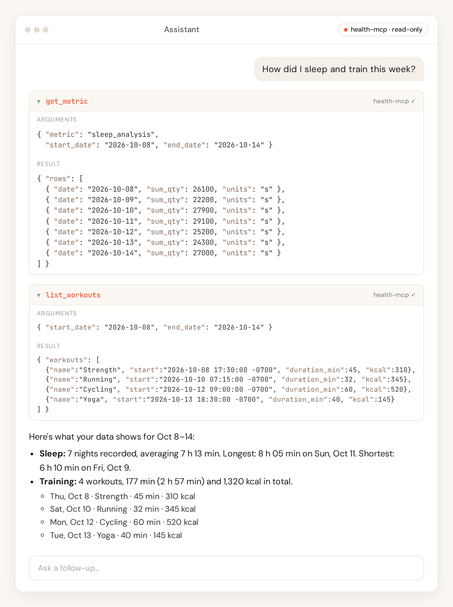 An AI assistant answering "How did I sleep and train this week?" with health-mcp tool calls (sample data)