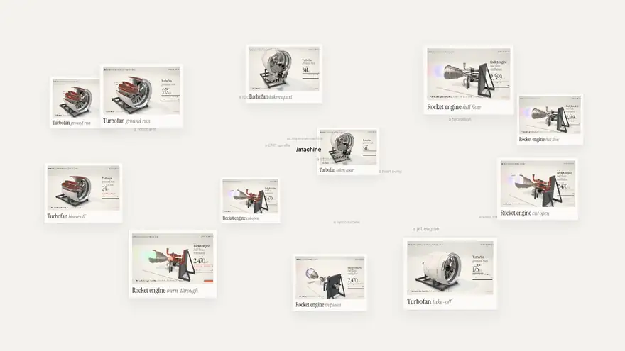 The launch film: one typed line becomes a turbofan that assembles part by part, opens up to about 340 kN of computed thrust, is cut open and throws a fan blade, then a rocket engine fires and burns through its throat.