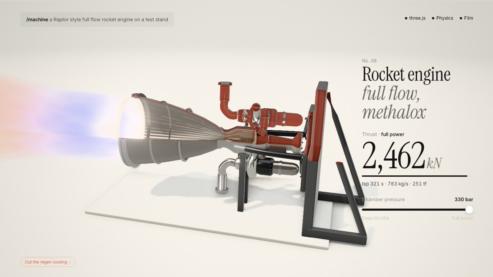 A full flow methalox rocket engine firing on a horizontal test stand