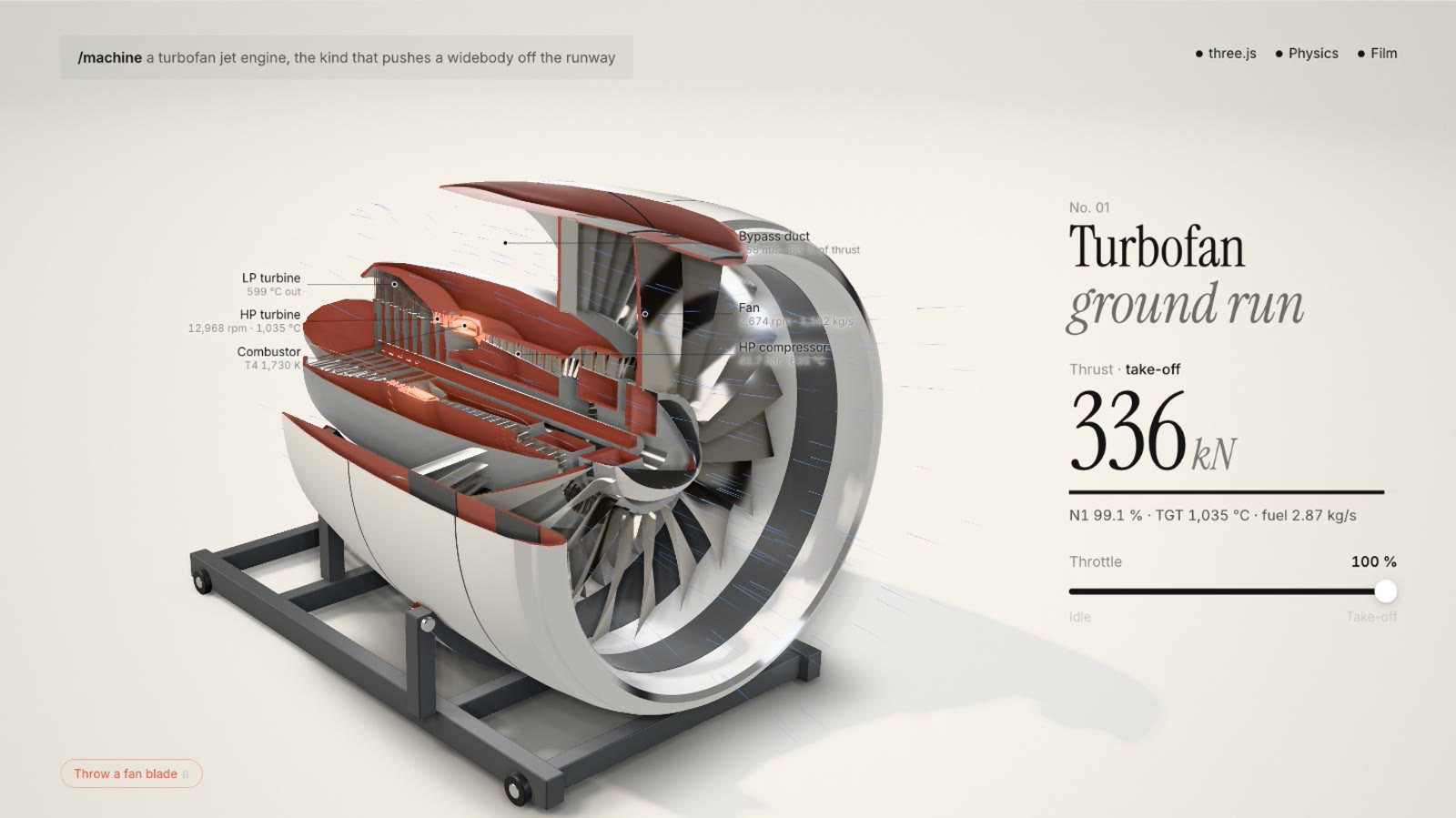 A high bypass turbofan on a ground run stand, cut open with red section faces and live labels