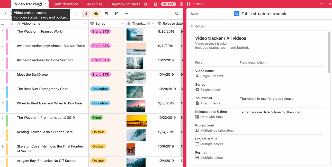 App that shows information about the selected table and its fields