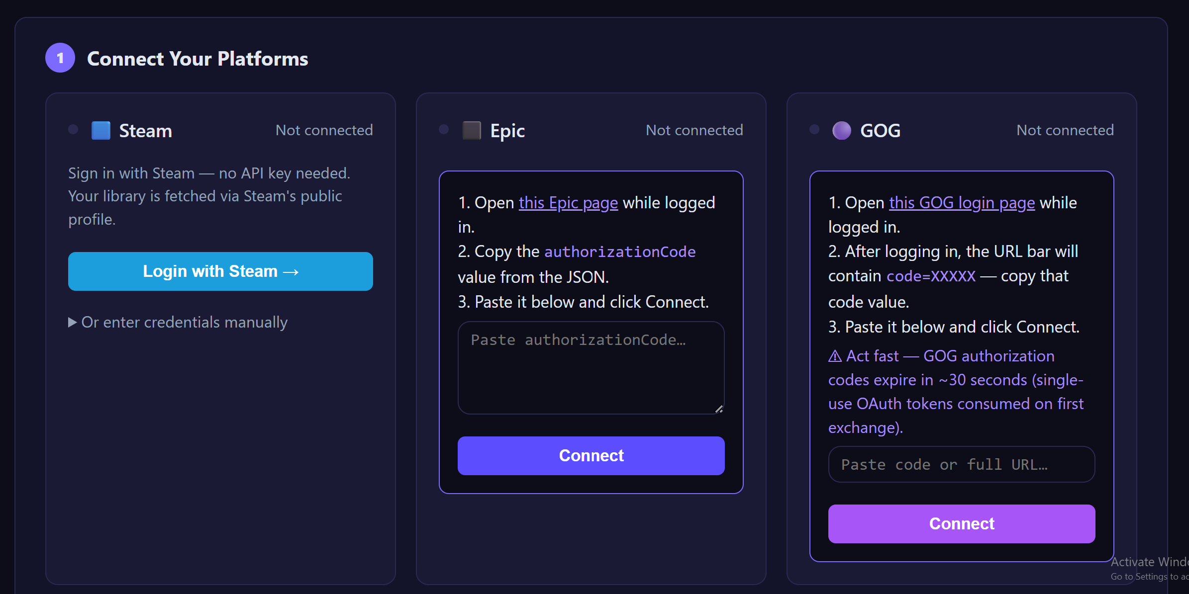 Unified library across Steam, Epic, and GOG
