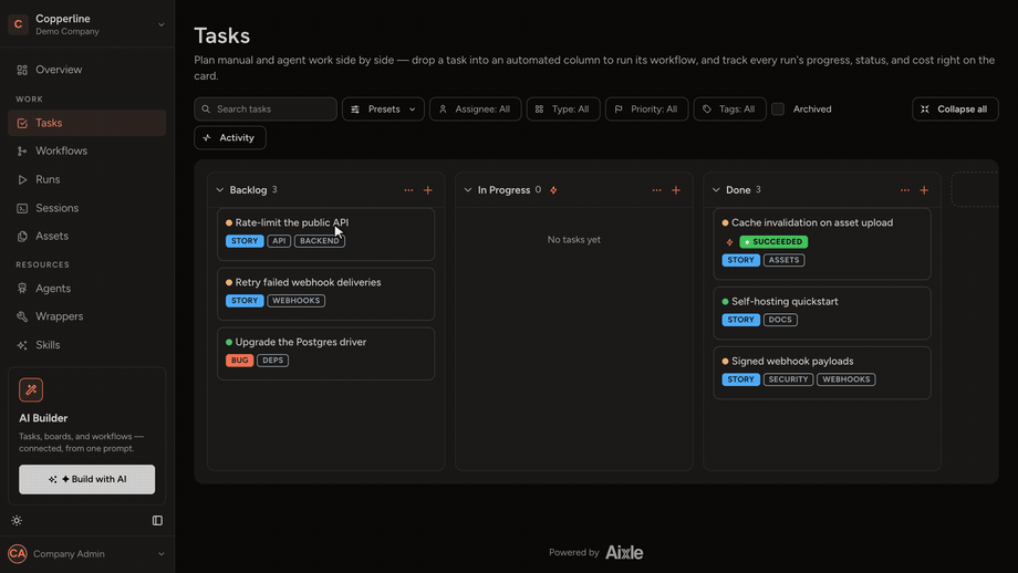 Aixle Flow — a card is dragged into an automated column; the bound workflow runs Plan, Implement, Run tests and Open PR across Claude Code, Codex and Cursor CLI, each in its own container, and the sessions table shows the tokens and cost each step spent
