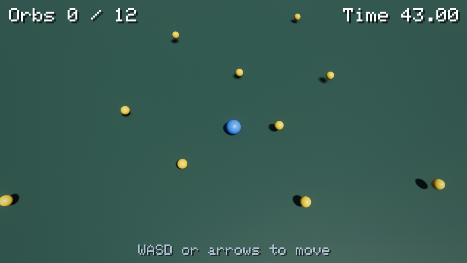 Orb Dash example in Lunaris, a blue ball collecting yellow orbs with a score counter