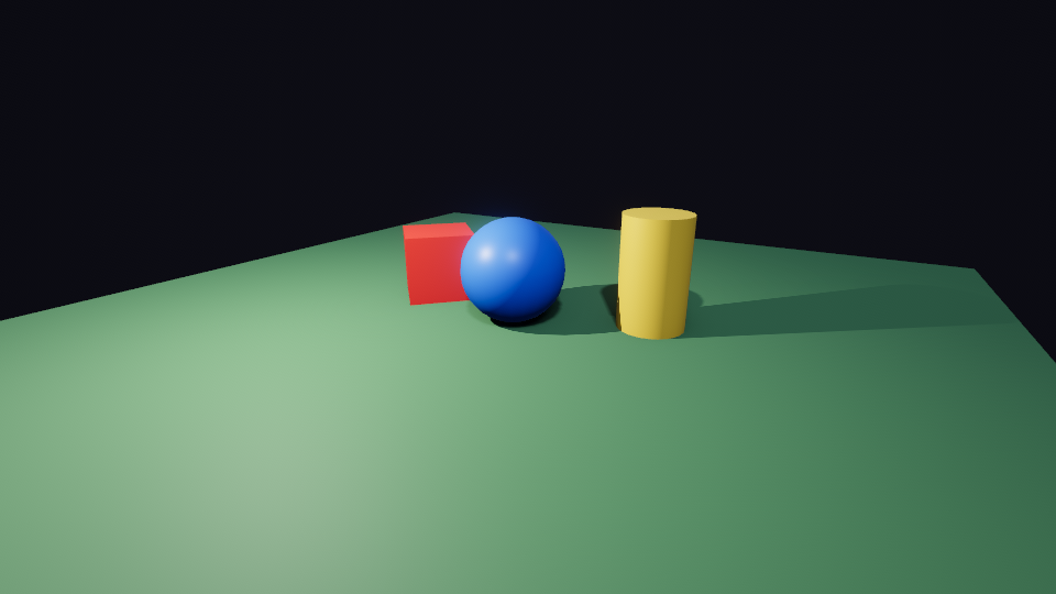 Lunaris graphics sample of a cube, blue sphere, yellow cylinder, lighting and shadows