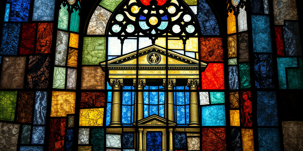 A fragmented stained-glass cathedral window depicting a banking building — each pane a slightly different color and era of technology, illustrating the patchwork of microfrontend ownership