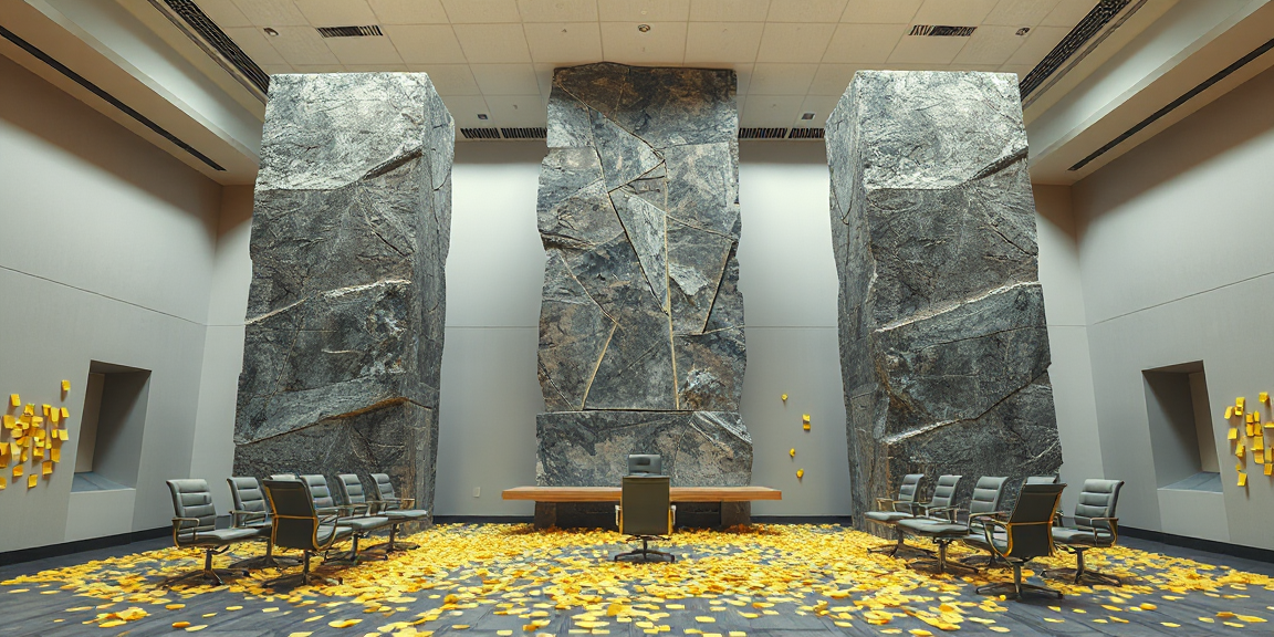 Three colossal stone monoliths fracturing above an empty enterprise conference room scattered with yellow sticky notes — the architecture of process theater