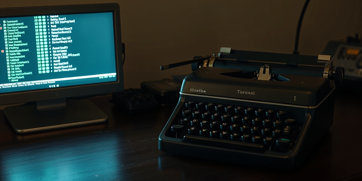 A vintage typewriter beside a glowing modern terminal screen on a dark wooden desk — the old discipline meets the new tool