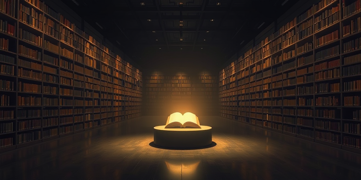 A vast endless library with shelves stretching into infinite darkness, a single glowing book on a central pedestal illuminating only a small radius of floor — the mirage of context