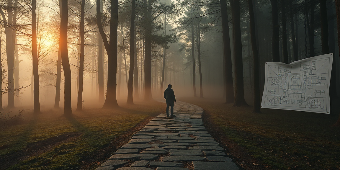 A solitary figure standing at a forest fork at dawn, two stone paths diverging into mist — one paved with circuit traces, the other with architectural blueprints