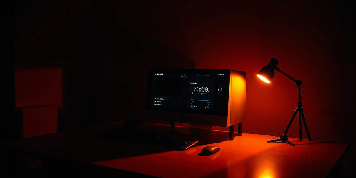 A high-end workstation with glowing internal components sits in a dimly lit room, contrasted against a distant, ethereal beam of pure white light cutting through the shadows, cinematic, moody, 35mm.