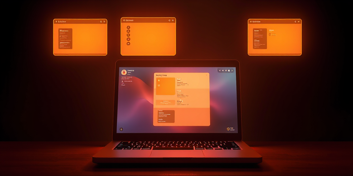 Four distinct glowing application windows floating above an open laptop in warm amber light — the velocity of AI-assisted side projects