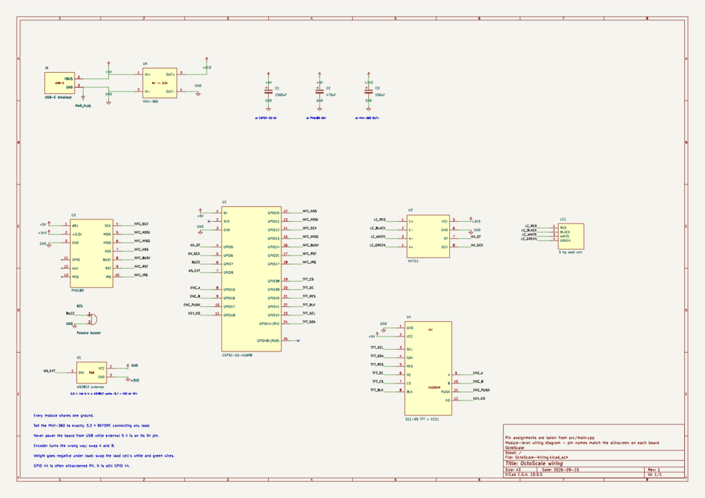 OctoScale wiring schematic showing all modules, power rails and signal nets