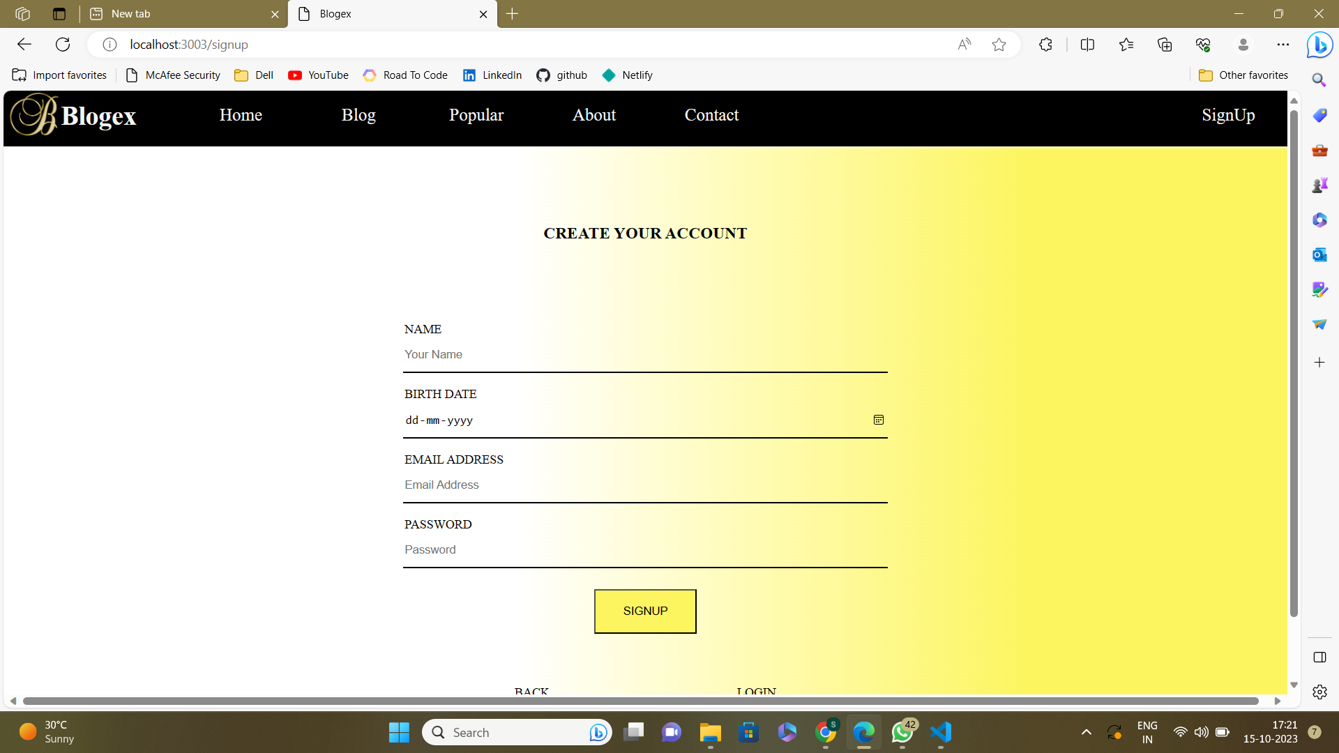 Signup page screenshot