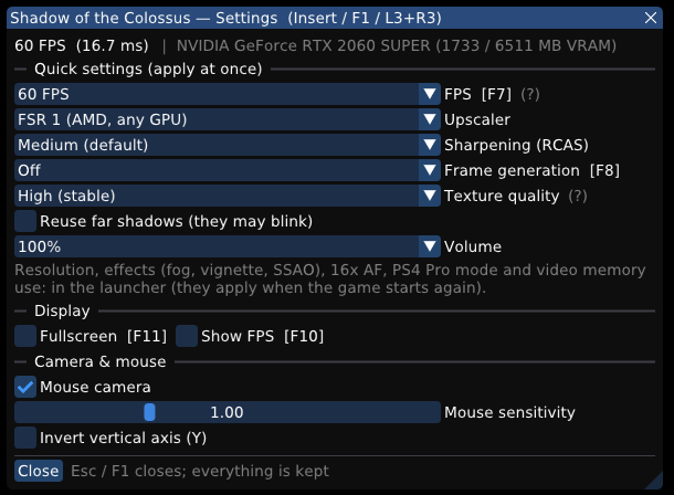 In-game menu (F1)