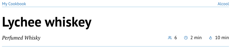 Recipe's header with the title, the subtitle, the serving, the preparation time and the cooking time