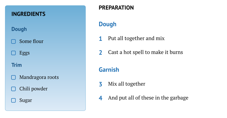 Ingredients and Instructions grouped in blocks
