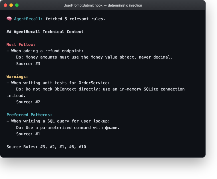 The UserPromptSubmit hook prepending Must Follow, Warnings and Preferred Patterns sections to context